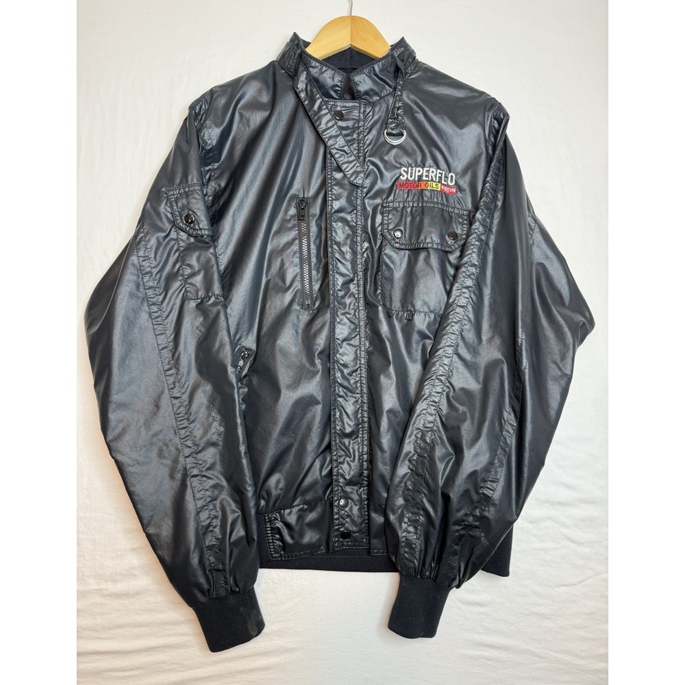 VTG Upstream Exxon Superflo Motor Oils Men's Black Bomber Jacket Embroidered XL